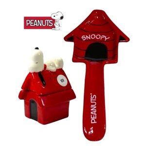 Peanuts Snoopy Kitchen Set Salt Pepper Shakers with Spoon Rest Ceramic Bundle